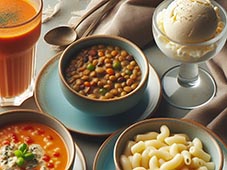 un vaso con Gazpacho, un plato con estofado de Lentejas, un plato con macarrones con salsa alioli y Helado de vainilla